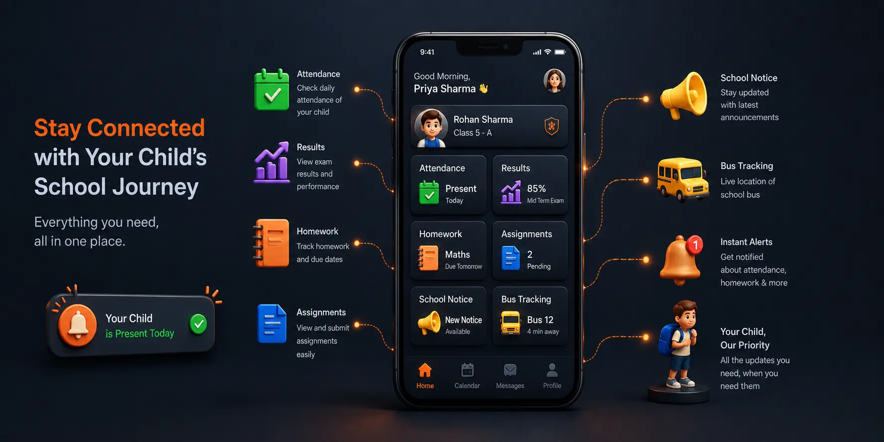 Yuroid School ERP parent app for attendance, results, homework, notices and bus tracking